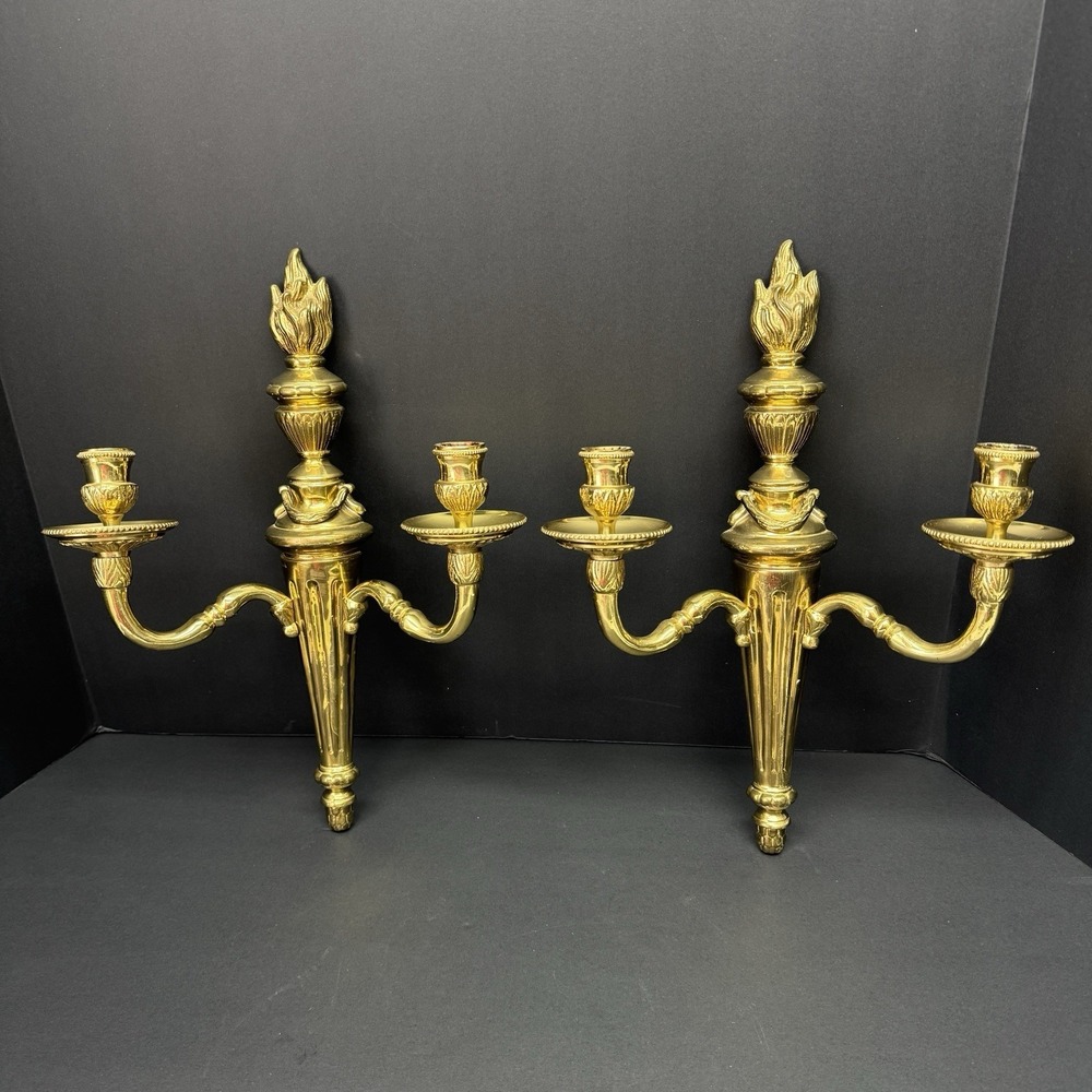 2 VTG Louis XVI Neoclassical Brass Wall Sconce Candle Holder Hollywood Regency